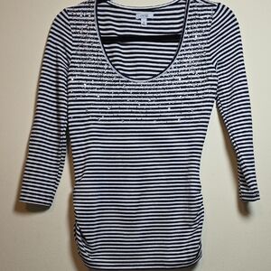 Vintage Y2K Cache Blue and White Fitted Embellished knit tee.  Size Small.